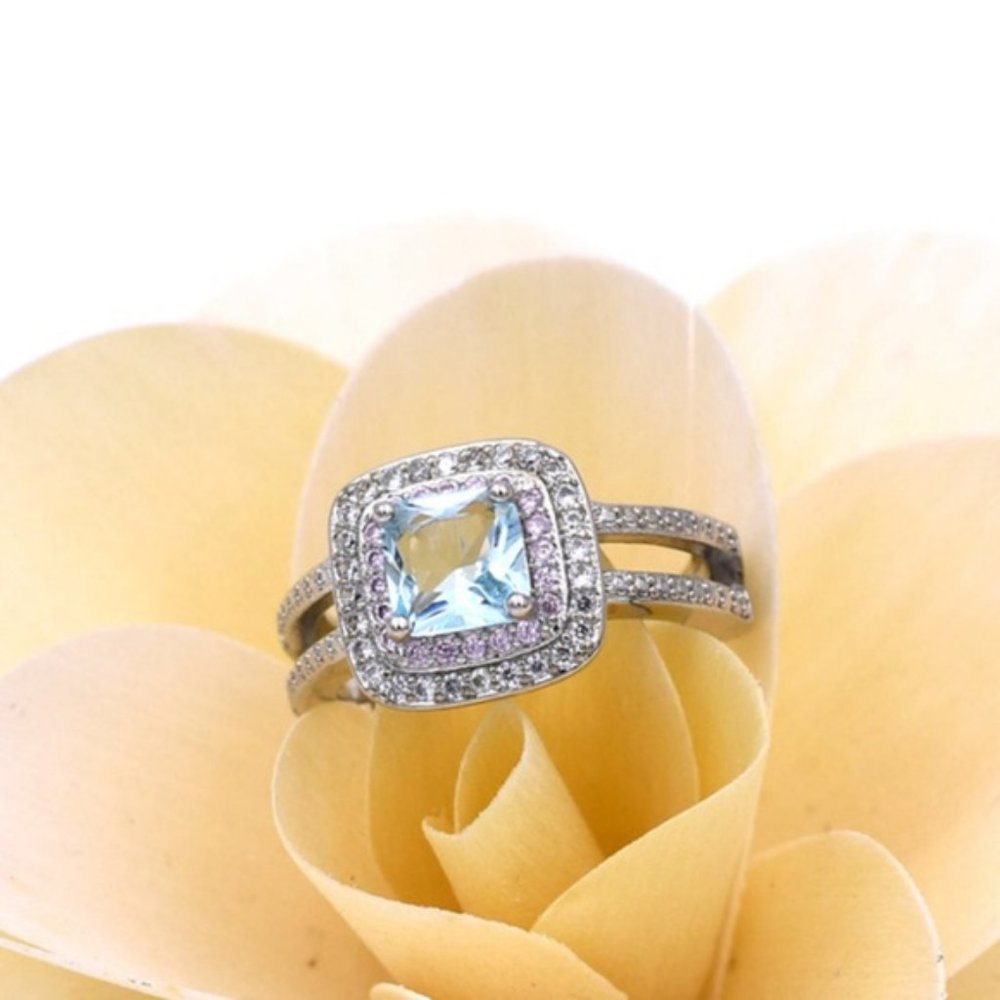 New Silver Blue Princess Cut Double Pink Halo Ring - Picture 5 of 5